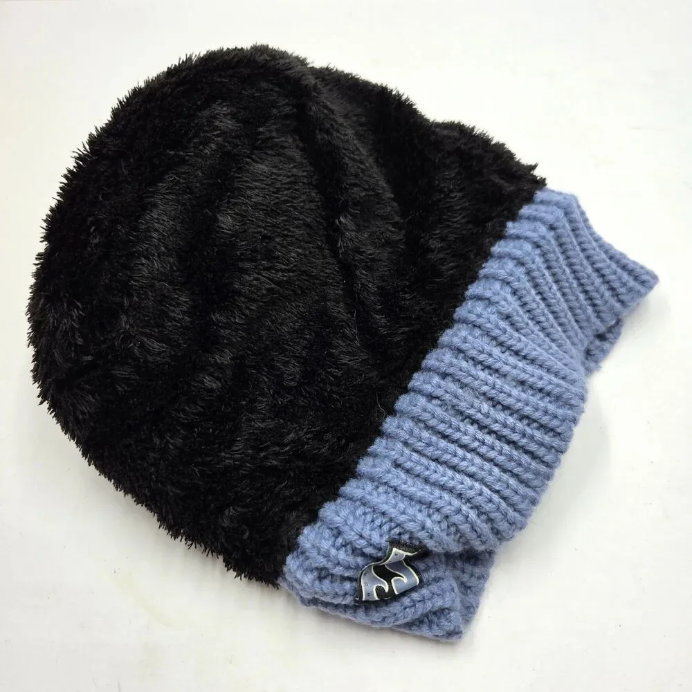 Billabong Knit Beanie Pom Pom Blue Cable Stitch Fleece Lined Folded Cuff Logo